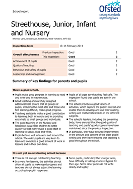 Streethouse, Junior, Infant and Nursery Whinney Lane, Streethouse, Pontefract, West Yorkshire, WF7 6DJ