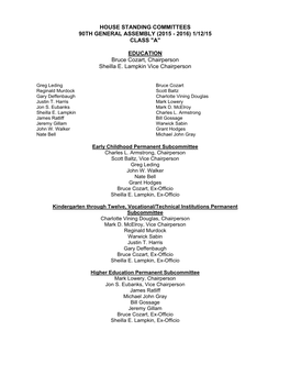 House Standing Committees 90Th General Assembly (2015 - 2016) 1/12/15 Class "A"