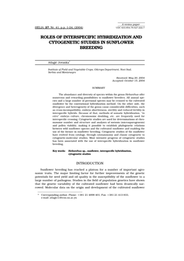 Roles of Interspecific Hybridization and Cytogenetic Studies in Sunflower Breeding