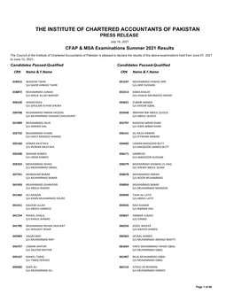 PRESS RELEASE July 16, 2021 CFAP & MSA Examinations Summer 2021 Results