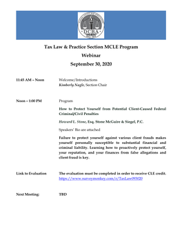 Tax Law & Practice Section MCLE Program Webinar September 30