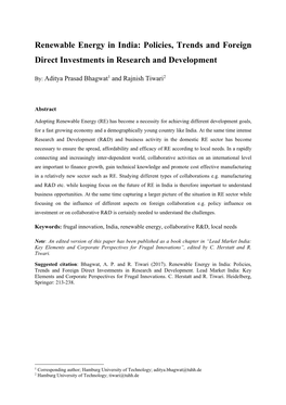 Renewable Energy in India: Policies, Trends and Foreign Direct Investments in Research and Development