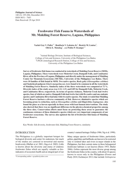 Freshwater Fish Fauna in Watersheds of Mt. Makiling Forest Reserve, Laguna, Philippines