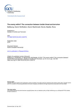 The Enemy Within? the Connection Between Insider Threat and Terrorism Bamaung, David; Mcillhatton, David; Macdonald, Murdo; Beattie, Rona