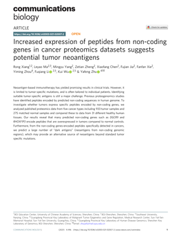 Increased Expression of Peptides from Non-Coding Genes in Cancer Proteomics Datasets Suggests Potential Tumor Neoantigens