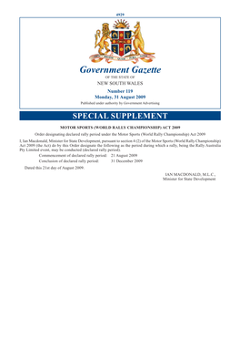 Government Gazette of the STATE of NEW SOUTH WALES Number 119 Monday, 31 August 2009 Published Under Authority by Government Advertising SPECIAL SUPPLEMENT