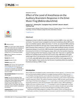 Effect of the Level of Anesthesia on the Auditory Brainstem Response in the Emei Music Frog (Babina Daunchina)