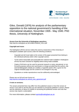 An Analysis of the Parliamentary Opposition to the National Government's Handling of the International Situation, November 1935 - May 1940