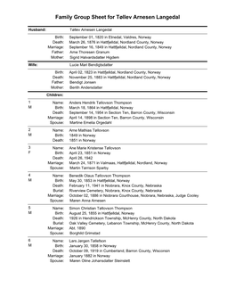 Family Group Sheet for Tøllev Arnesen Langedal