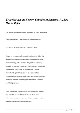 Tour Through the Eastern Counties of England, 1722 by Daniel Defoe</H1>