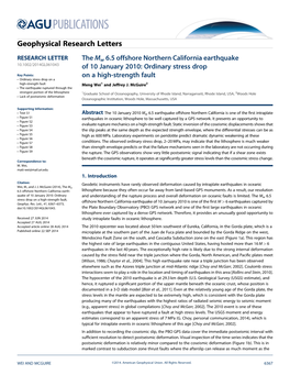 The Mw 6.5 Offshore Northern California Earthquake of 10 January