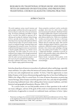 Research on Traditional Istrian Music and Dance with an Emphasis on Revitalizing and Presenting Traditional Church (Glagolitic) Singing Practice