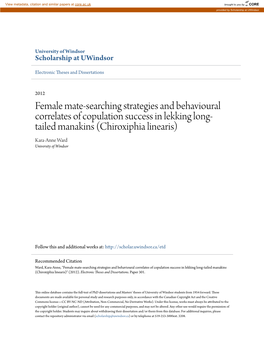 Female Mate-Searching Strategies and Behavioural Correlates of Copulation Success in Lekking Long-Tailed Manakins (Chiroxiphia Linearis)