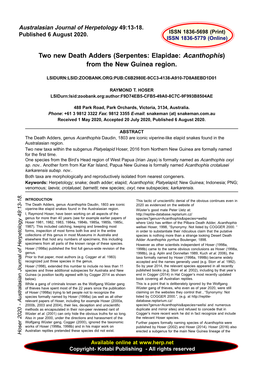 Two New Death Adders (Serpentes: Elapidae: Acanthophis) from the New Guinea Region