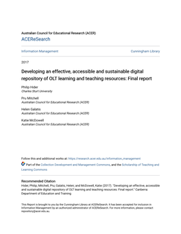 Developing an Effective, Accessible and Sustainable Digital Repository of OLT Learning and Teaching Resources: Final Report