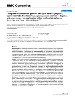 Complete Mitochondrial Genome of Bugula Neritina (Bryozoa