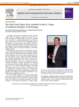 The Sixth Vasil Popov Prize Awarded to Joel A. Tropp of California Institute of Technology