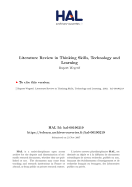 Literature Review in Thinking Skills, Technology and Learning Rupert Wegerif