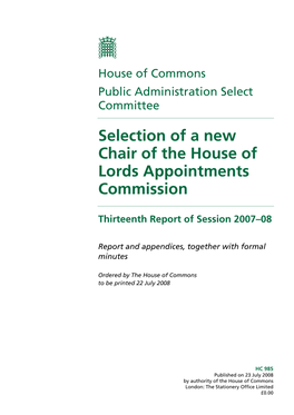 Selection of a New Chair of the House of Lords Appointments Commission