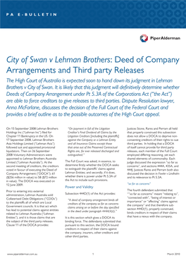 City of Swan V Lehman Brothers: Deed of Company Arrangements and Third Party Releases
