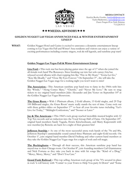 Golden Nugget Las Vegas Fall & Winter Entertainment Lineup PDF Download