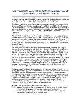 San Francisco Declaration on Research Assessment Putting Science Into the Assessment of Research