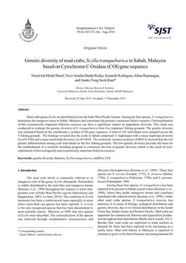 Genetic Diversity of Mud Crabs, Scylla Tranquebarica in Sabah, Malaysia Based on Cytochrome C Oxidase (COI) Gene Sequence