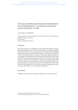 The Origins of the Russian Chernozem Soil (Black Earth): Franz Joseph Ruprecht’S ‘Geo-Botanical Researches Into the Chernozem’ of 18661