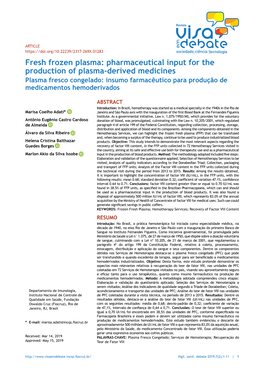 Fresh Frozen Plasma: Pharmaceutical Input for the Production of Plasma