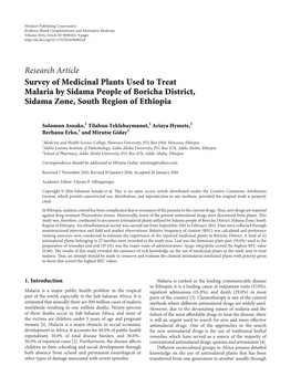Survey of Medicinal Plants Used to Treat Malaria by Sidama People of Boricha District, Sidama Zone, South Region of Ethiopia