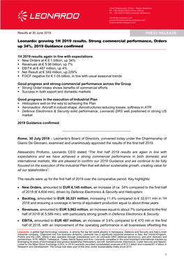 Growing 1H 2019 Results. Strong Commercial Performance, Orders up 34%