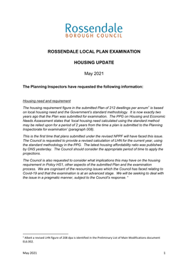 Rossendale Local Plan Examination Housing Update