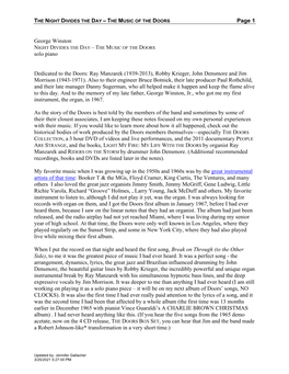 Page 1 George Winston Solo Piano Dedicated to the Doors: Ray Manzarek (1939-2013), Robby Krieger, John Densmore and Jim Morrison