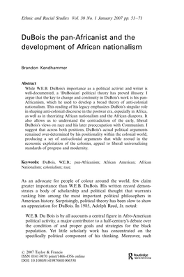 Dubois the Pan-Africanist and the Development of African Nationalism