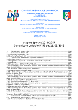 Comunicato Ufficiale N°52 Del 26/03/2015