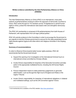Written Evidence Submitted by the Inter-Parliamentary Alliance on China (XIN0082)