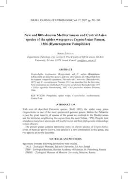 New and Little-Known Mediterranean and Central Asian Species of the Spider Wasp Genus Cryptocheilus Panzer, 1806 (Hymenoptera: Pompilidae)