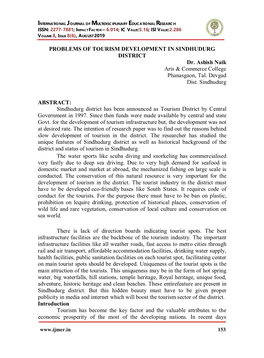 PROBLEMS of TOURISM DEVELOPMENT in SINDHUDURG DISTRICT Dr. Ashish Naik Arts & Commerce College Phanasgaon, Tal. Devgad Dist