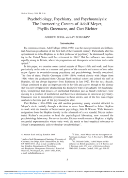 Psychobiology, Psychiatry, and Psychoanalysis: the Intersecting Careers of Adolf Meyer, Phyllis Greenacre, and Curt Richter