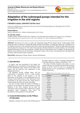 Adaptation of the Submerged Pumps Intended for the Irrigation in the Arid Regions