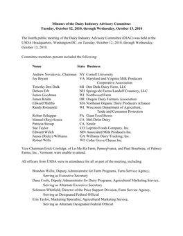 Minutes of the Dairy Industry Advisory Committee Tuesday, October 12, 2010, Through Wednesday, October 13, 2010