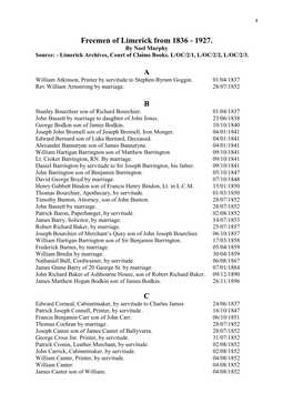 Freemen of Limerick from 1836 - 1927