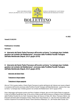 La Teologia Dopo Veritatis Gaudium Nel Contesto Del Mediterraneo”, Promosso Dalla Pontificia Facoltà Teologica Dell’Italia Meridionale (Napoli, 20-21 Giugno 2019)