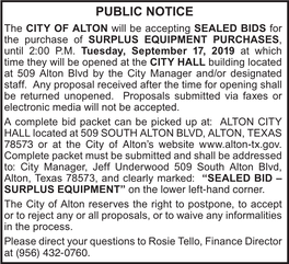 PUBLIC NOTICE the CITY of ALTON Will Be Accepting SEALED BIDS for the Purchase of SURPLUS EQUIPMENT PURCHASES, Until 2:00 P.M