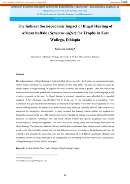 The Indirect Socioeconomic Impact of Illegal Hunting of African Buffalo (Syncerus Caffer) for Trophy in East Wollega, Ethiopia