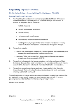 Regulatory Impact Statement Civil Aviation Rules — Security Rules Update (Docket 7/CAR/1) Agency Disclosure Statement 1