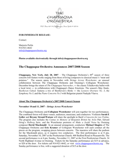 The Chappaqua Orchestra Announces 2007/2008 Season