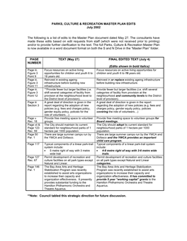 PARKS, CULTURE & RECREATION MASTER PLAN EDITS July 2002 the Following Is a List of Edits to the Master Plan Document Dated M