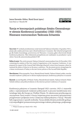 Turcja W Koncepcjach Polskiego Sztabu Generalnego W Okresie Konferencji Lozańskiej (1922–1923)