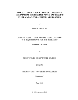 Colonialism, Internalized Abuse, and Healing in Lee Maracle’S Daughters Are Forever
